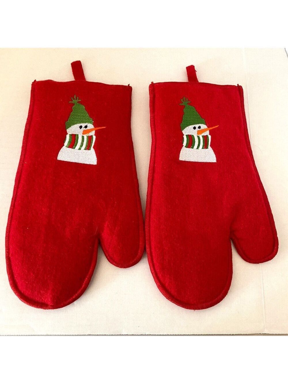 Crate & Barrel Christmas Snowman Oven Mitt Pot Holders Red Wool Felt Set of 2